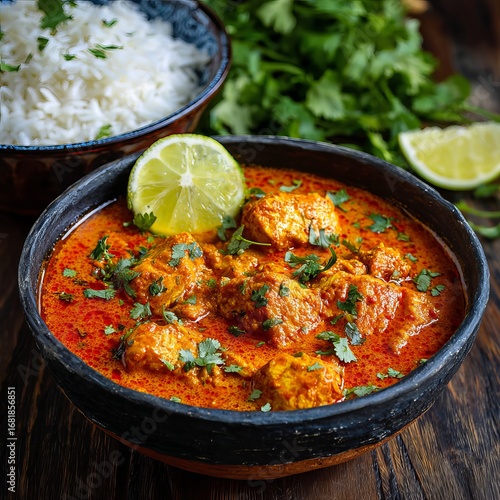 a bowl of chicken korma on a dark wooden surface, with fresh coriander leaves and rice in the background. the sauce is an orange-red color and looks rich, with large pieces of marinated chicken, 