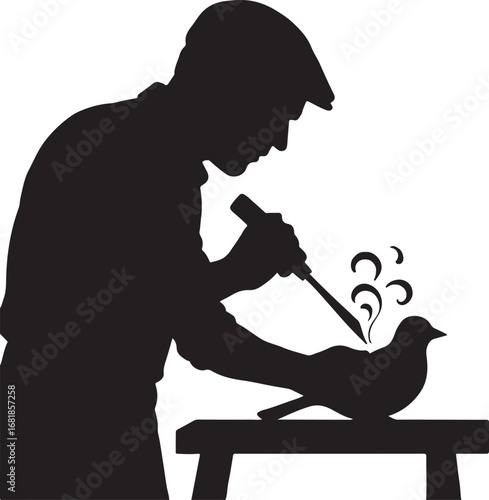 Silhouette of a man carving a bird on a table with a chisel vector