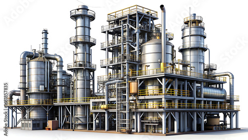 Large industrial chemical processing plant with multiple towers and pipelines factory isolated on a transparent background