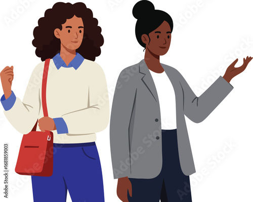 Two diverse women having a conversation in casual and business attire vector illustration for social interaction and communication concepts