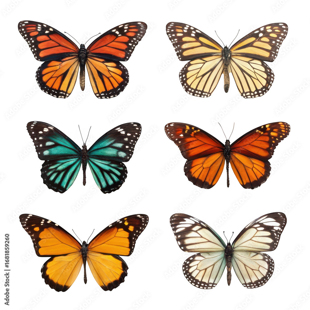Obraz premium Six colorful butterflies isolated on transparent background