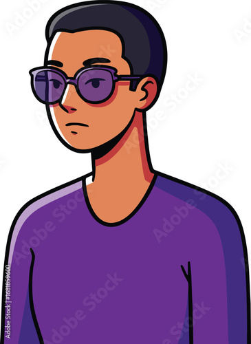 Young man wearing purple sunglasses and purple shirt looking sideways vector illustration 