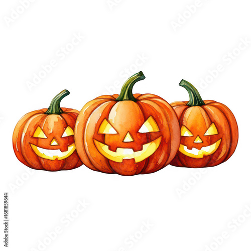 Three halloween pumpkin jack o lanterns isolated on transparent background