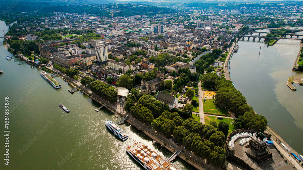 Obraz premium Aerial view around the old town of the city Koblenz in Germany on a sunny spring noon