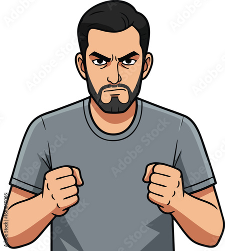 Angry man clenched fists showing frustration and determination in casual grey t-shirt vector illustration 