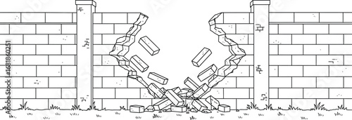Broken brick wall illustration damage destruction outline art