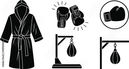 Boxing equipment vector set robe gloves punching bag silhouette