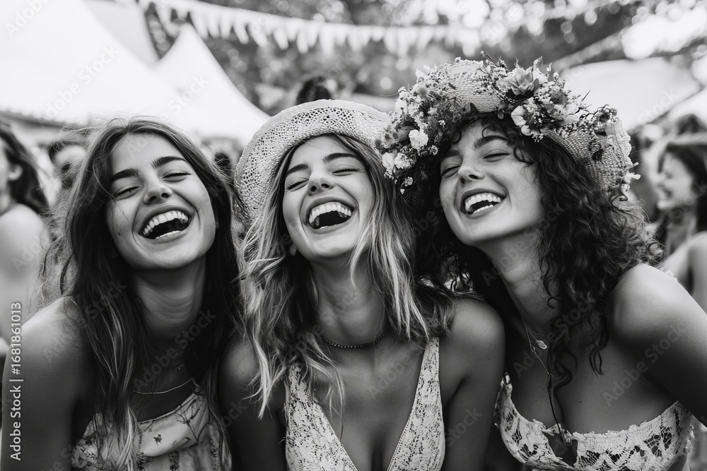 Obraz premium happy photo about girlfriends at a festival laughing girlfriends, many people in the background