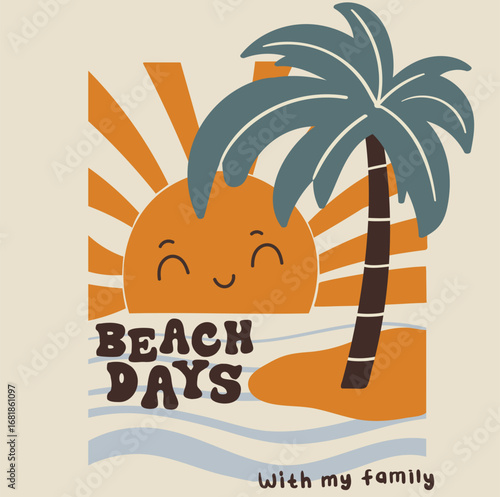 cute beach graphic with text beach day with my family and palm tree and sun  graphic background beige 