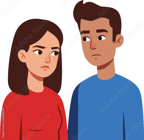 Young man and woman facing each other with serious expressions in casual clothing vector illustration 