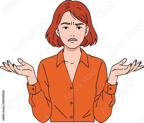 Woman with red hair and orange shirt shrugging with confused expression vector illustration 