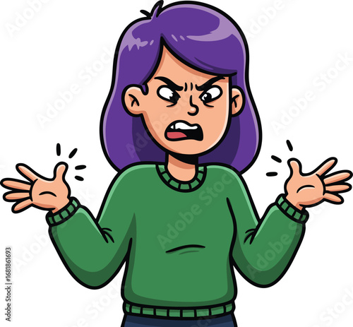 Woman with purple hair expressing anger and frustration wearing green sweater vector illustration 