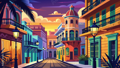 Havana’s Old Town, Cuba, captivates with colorful colonial buildings, wrought-iron balconies, and patterned streets. Twilight lamps glow warmly; semi-realistic flat vector emphasizing vintage charm, 