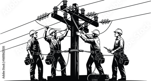 Electricians working on power lines vector illustration design