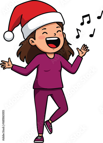 Happy girl singing Christmas carol wearing red Santa hat and purple outfit vector illustration 
