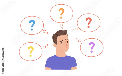 Man think about questions and decision. Boy lost in thought, psychological stress and memory strain. Vector flat illustration