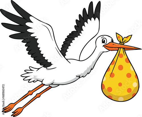 Stork carrying yellow polka dot bundle delivering baby concept vector illustration in cartoon style 
