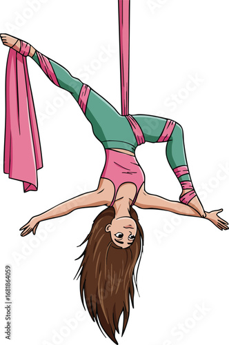 Aerial silk performer hanging upside down in pink and green costume vector illustration of acrobatic dance pose 