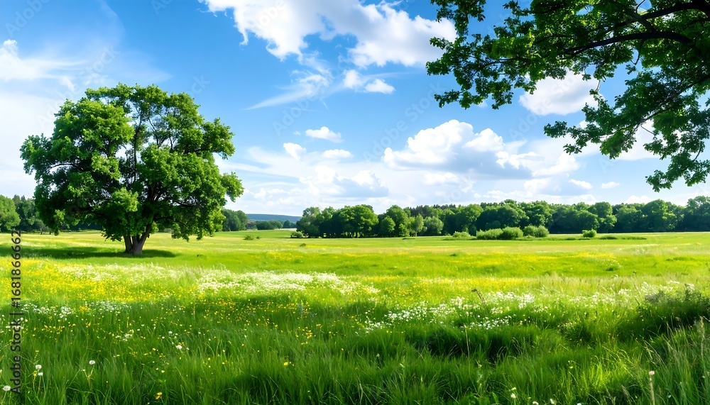 Fototapeta premium Lush meadow under a vibrant sky