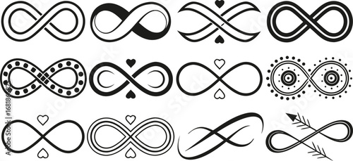 Infinity symbols collection, for logo design, branding, mathematical representation. Various infinity icon styles, simple to artistic. Endless, eternal, limitless concept