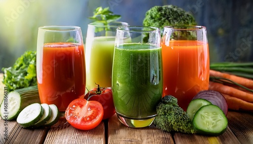 a vibrant display of colorful fresh vegetable juices in glasses alongside sliced vegetables on a wooden surface