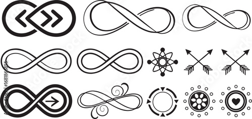 Infinity symbols collection, for logo design, branding, mathematical representation. Various infinity icon styles, simple to artistic. Endless, eternal, limitless concept