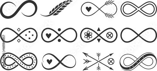 Infinity symbols collection, for logo design, branding, mathematical representation. Various infinity icon styles, simple to artistic. Endless, eternal, limitless concept