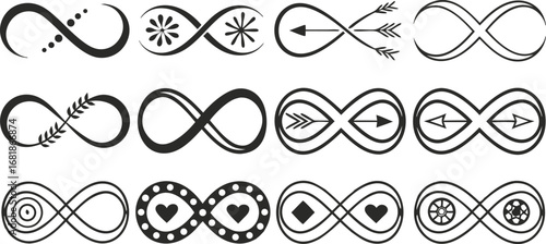 Infinity symbols collection, for logo design, branding, mathematical representation. Various infinity icon styles, simple to artistic. Endless, eternal, limitless concept