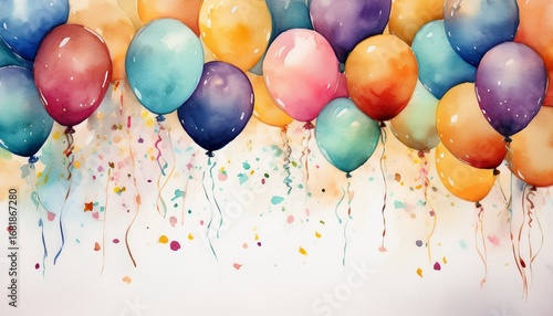balloons confetti streamers on soft watercolor style white background