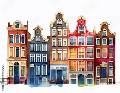 houses in amsterdam watercolor on white