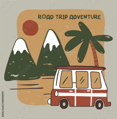 road trip adventure text with car, palm tree, and mountain graphic background on olive cute graphic for toddler and baby boys 