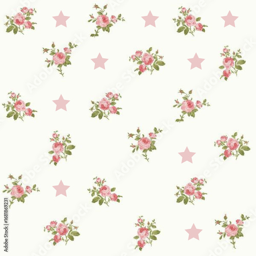 Fotografía Roses, floral, shabby chic, vintage, romantic, delicate, pastel, pink, stars, seamless, pattern, background, print, fabric, textile, wallpaper, cute, feminine, sweet, charming, elegant, classic