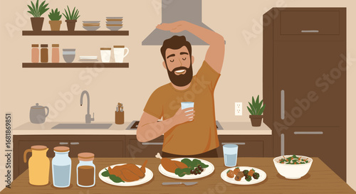 A happy bearded man feels full and satisfied after eating a healthy homemade dinner in his kitchen