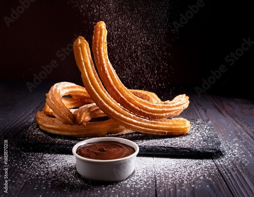 falling churros with a side of chocolate