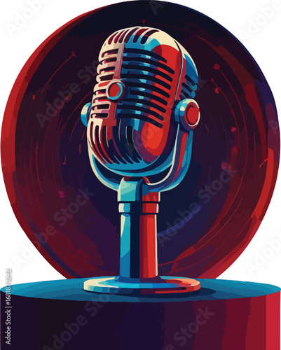 Stylized Retro Microphone Illustration with Red Blue and White Color Scheme.