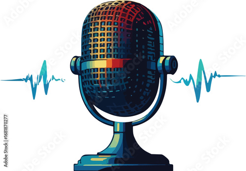 Stylized Vintage Microphone with Soundwave Elements Vector Illustration Design.