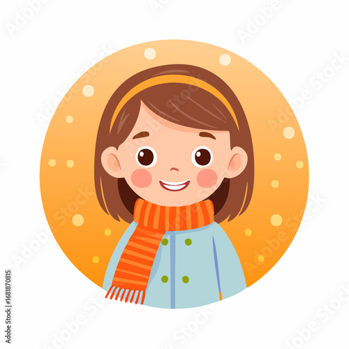 Cheerful girl with brown hair wearing a blue coat and orange scarf smiles warmly against a vibrant orange background, embodying the essence of fall coziness and seasonal joy