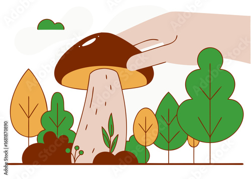 Hand reaching for a large mushroom in a vibrant autumn forest, surrounded by colorful trees and foliage, embodying the essence of fall harvest and nature's bounty