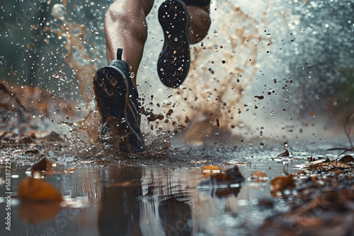 Athletic Jogger in Action Splashing Through Muddy Nature Trail With Energetic Motion