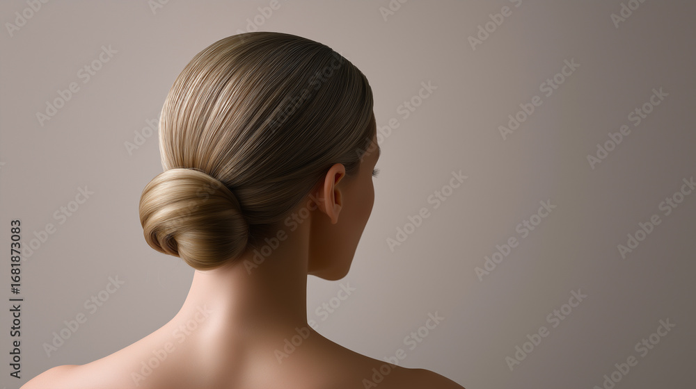 Fototapeta premium Back view of a woman with smooth skin and hair styled in a sleek bun against a beige background. 