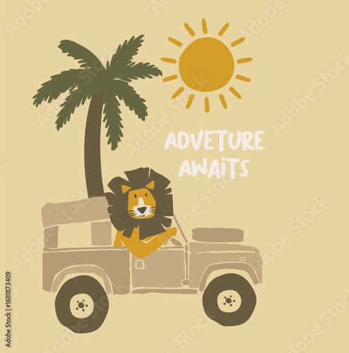 lion driving a car illustration and palm tree and sun hand-drawn graphic and background mustard with slogan adventure awaits.