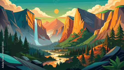 Yosemite Valley, USA, presents towering granite cliffs, waterfalls, and dramatic horizons glowing under a setting sun. Layered perspectives enhance scale; semi-realistic flat vector capturing natural 