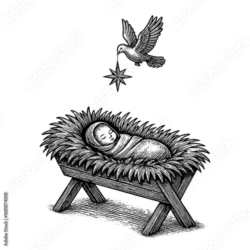 The Christmas miracle - newborn baby Jesus, the Messiah and King, sleeping peacefully in a humble manger filled with hay, symbolizing the birth of the Savior.