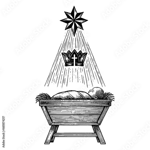 The Christmas miracle - newborn baby Jesus, the Messiah and King, sleeping peacefully in a humble manger filled with hay, symbolizing the birth of the Savior.