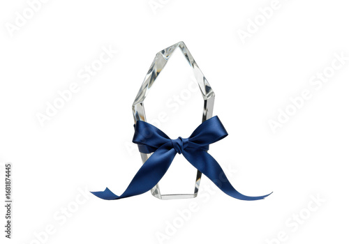 Gleaming, abstract crystal or metallic award sculpture with a deep navy satin ribbon, on a pristine transparent studio background, infinite white void, concept of corporate achievement