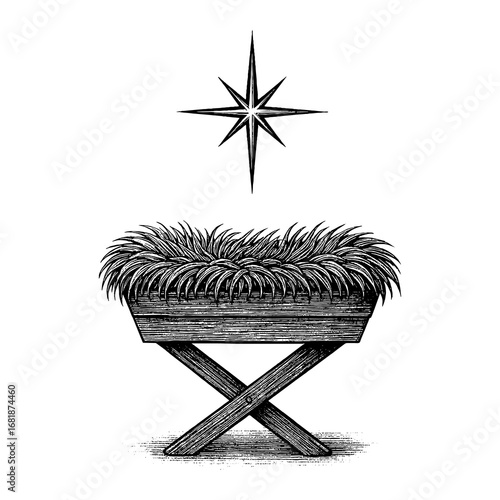 A symbol of hope - empty wooden manger in a stable, illuminated by the mystical light of the Star of Bethlehem, representing anticipation and the miracle of Christmas.