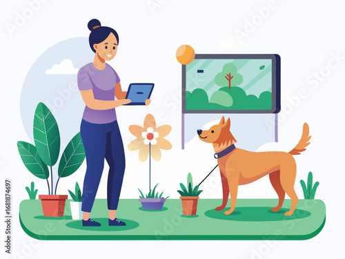 Happy woman interacting with her dog using digital technology outdoors surrounded by greenery