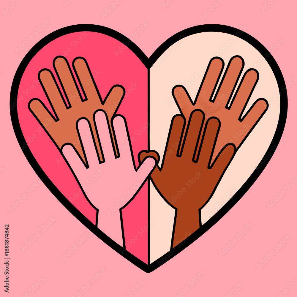 Obraz premium Colorful illustration of diverse hands forming a heart shape, symbolizing unity, kindness, and global giving for International Day of Charity celebration