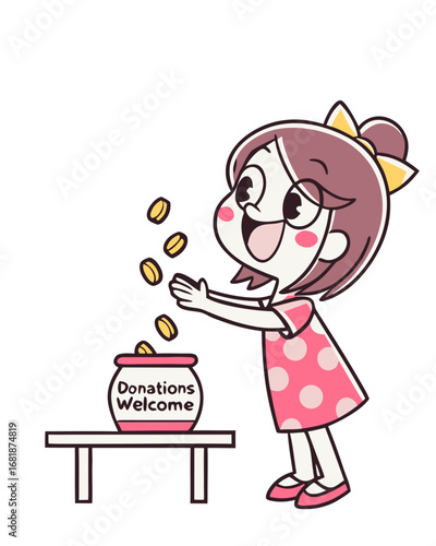 Cheerful cartoon girl in polka dot dress joyfully donating coins into a donation jar on a table, symbolizing kindness and generosity for International Day of Charity