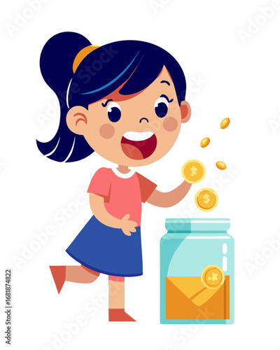 Cheerful girl with dark hair joyfully dropping coins into a transparent jar, symbolizing generosity and the spirit of giving on International Day of Charity
